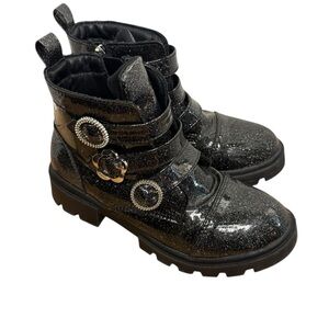 Justice Glittery Black big girls Kids Boots sz 3 zip+ 3 strap buckle preloved